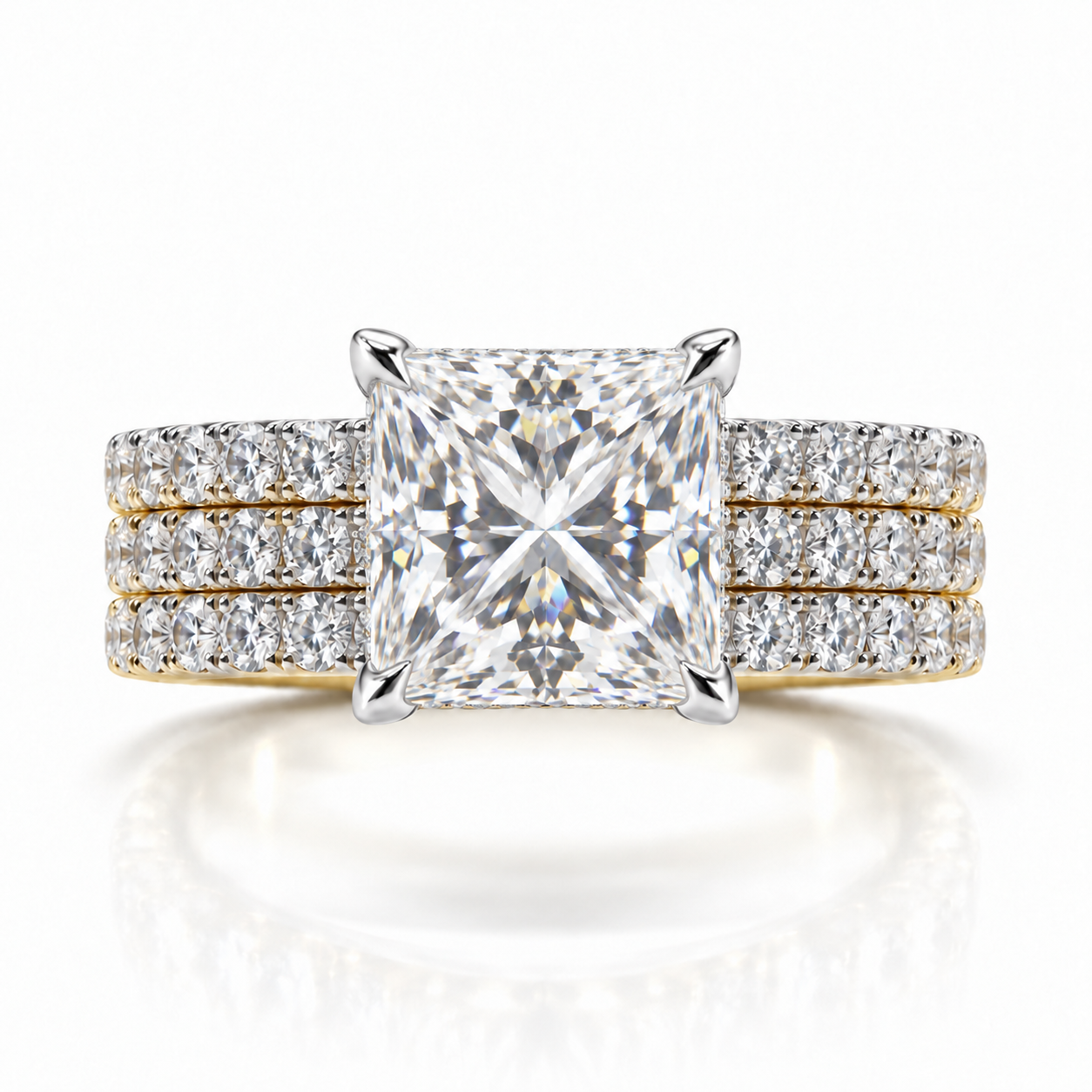 Juliana princess-cut diamond ring in 14K Yellow and White Gold, 6mm three-row French pavé band with hidden halo