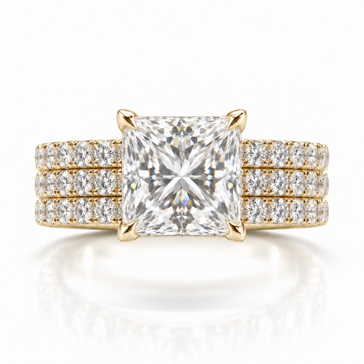 Juliana princess-cut diamond ring in 14K Yellow Gold, 6mm three-row French pavé band with hidden halo