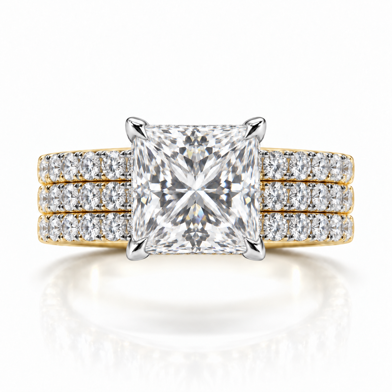 Juliana princess-cut diamond ring in 18K Yellow and White Gold, 6mm three-row French pavé band with hidden halo
