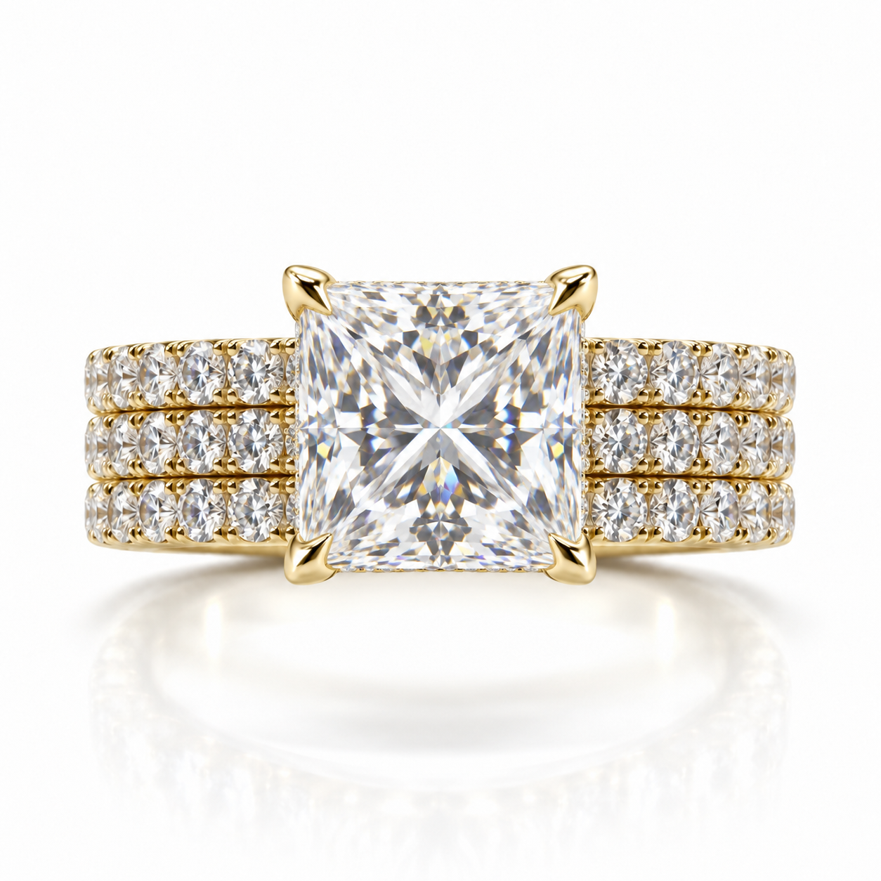 Juliana princess-cut lab-grown diamond ring in 18K yellow gold with three soldered French pavé rows and a 6 mm band