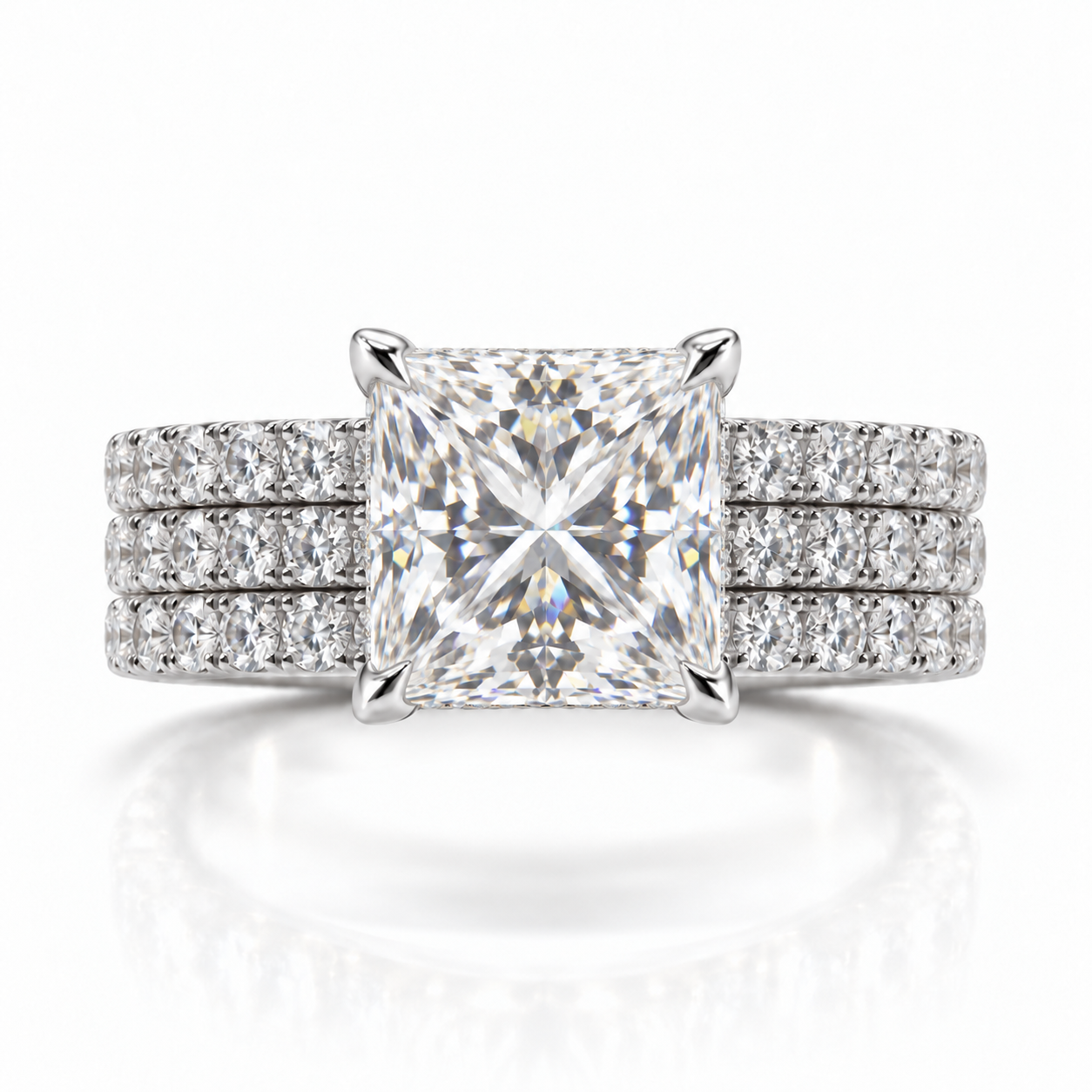 Juliana princess-cut diamond ring in Platinum, 6mm three-row French pavé band with hidden halo