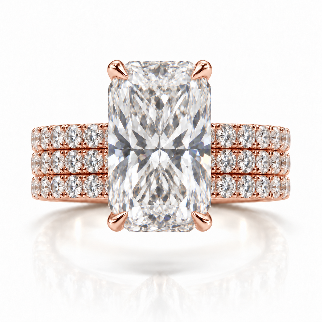 Juliana radiant diamond ring in 14K Rose Gold, 6mm three-row French pavé band with hidden halo