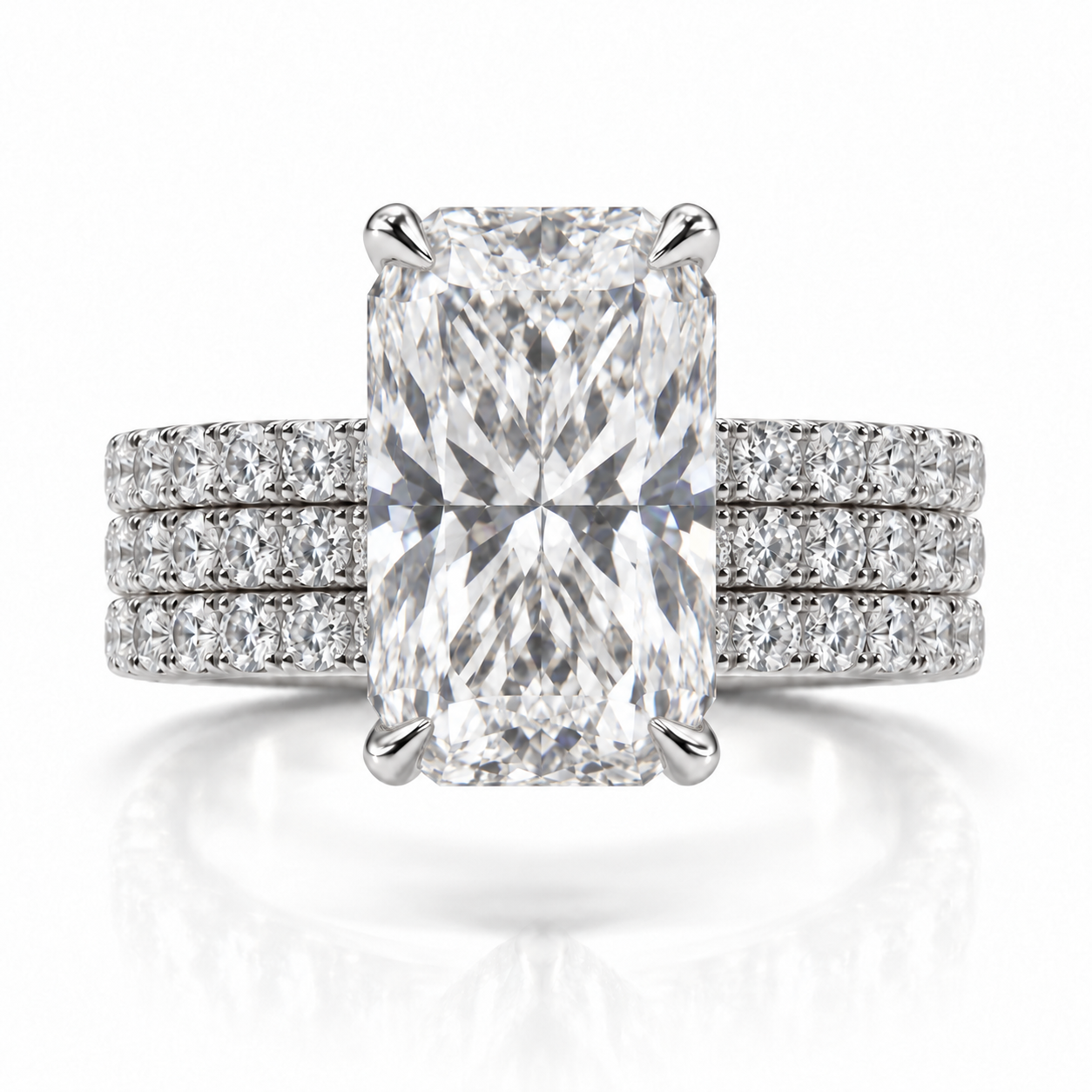 Juliana radiant diamond ring in 14K White Gold, 6mm three-row French pavé band with hidden halo