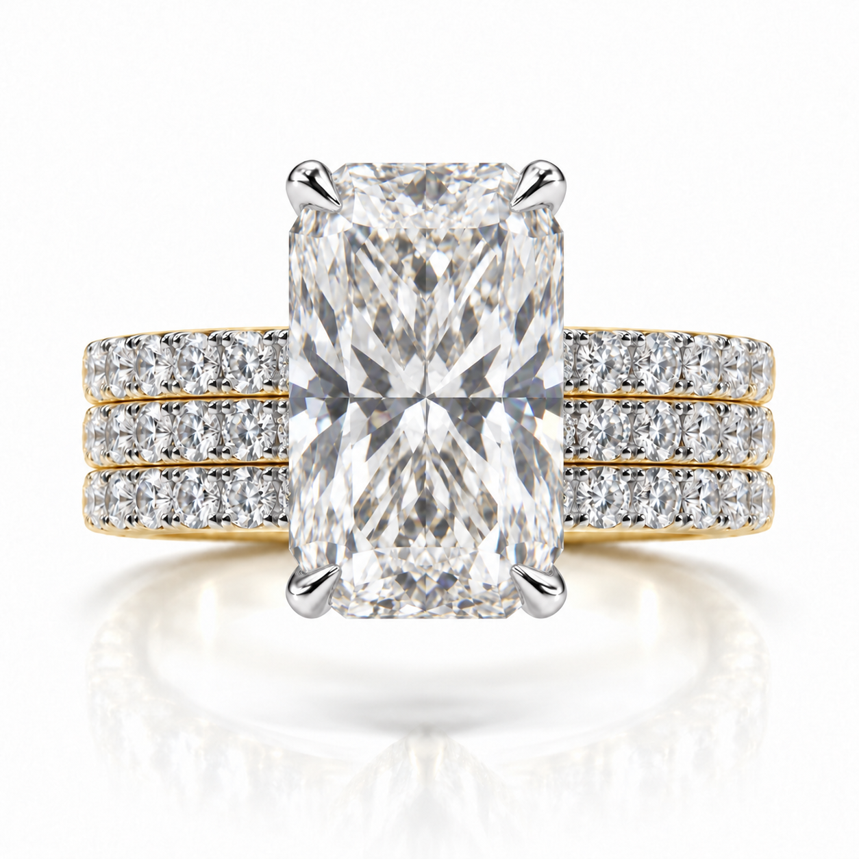 Juliana radiant diamond ring in 14K Yellow and White Gold, 6mm three-row French pavé band with hidden halo