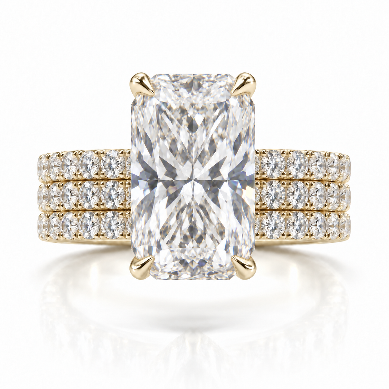 Juliana radiant diamond ring in 14K Yellow Gold, 6mm three-row French pavé band with hidden halo