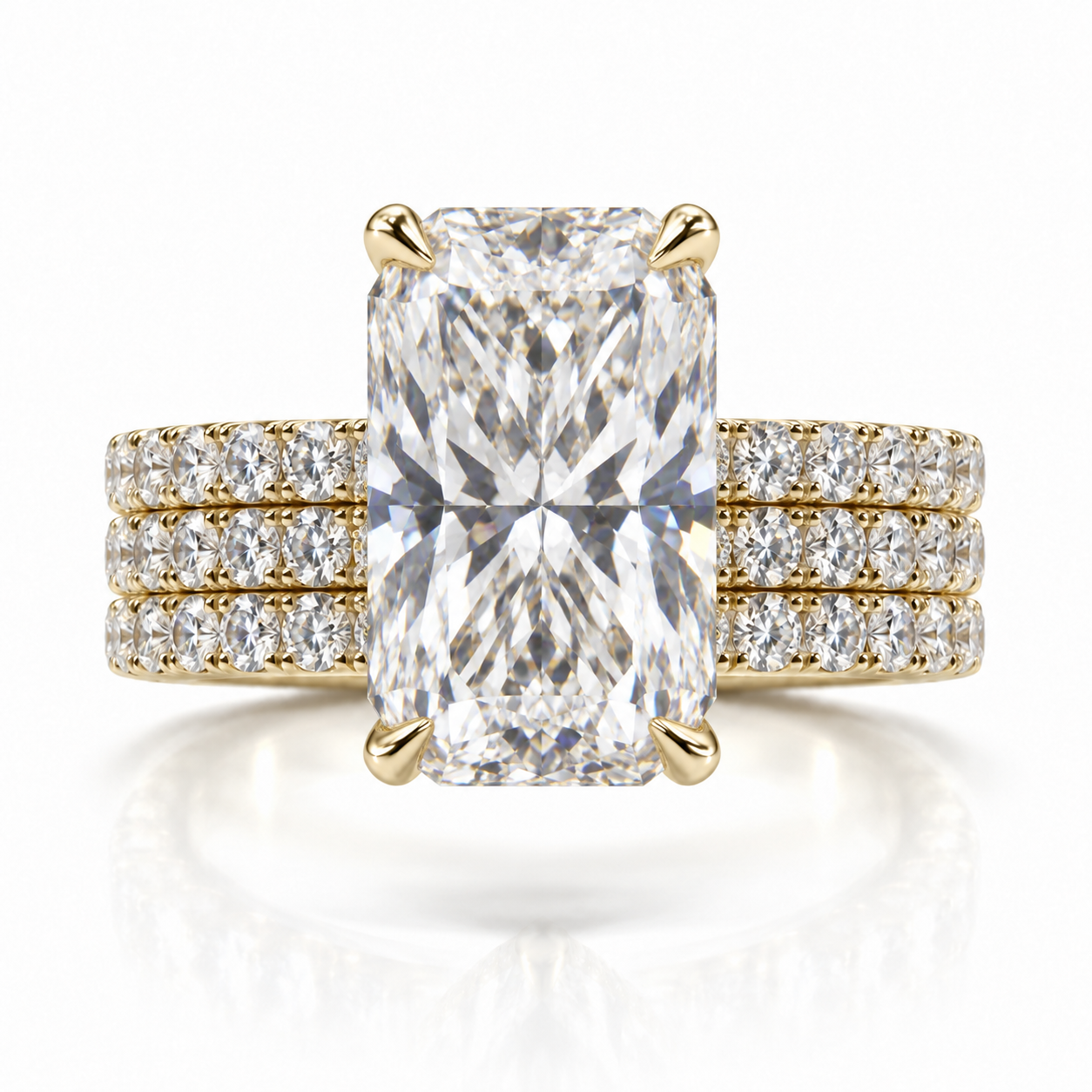 Juliana radiant lab-grown diamond ring in 18K yellow gold with three soldered French pavé rows and a 6 mm band