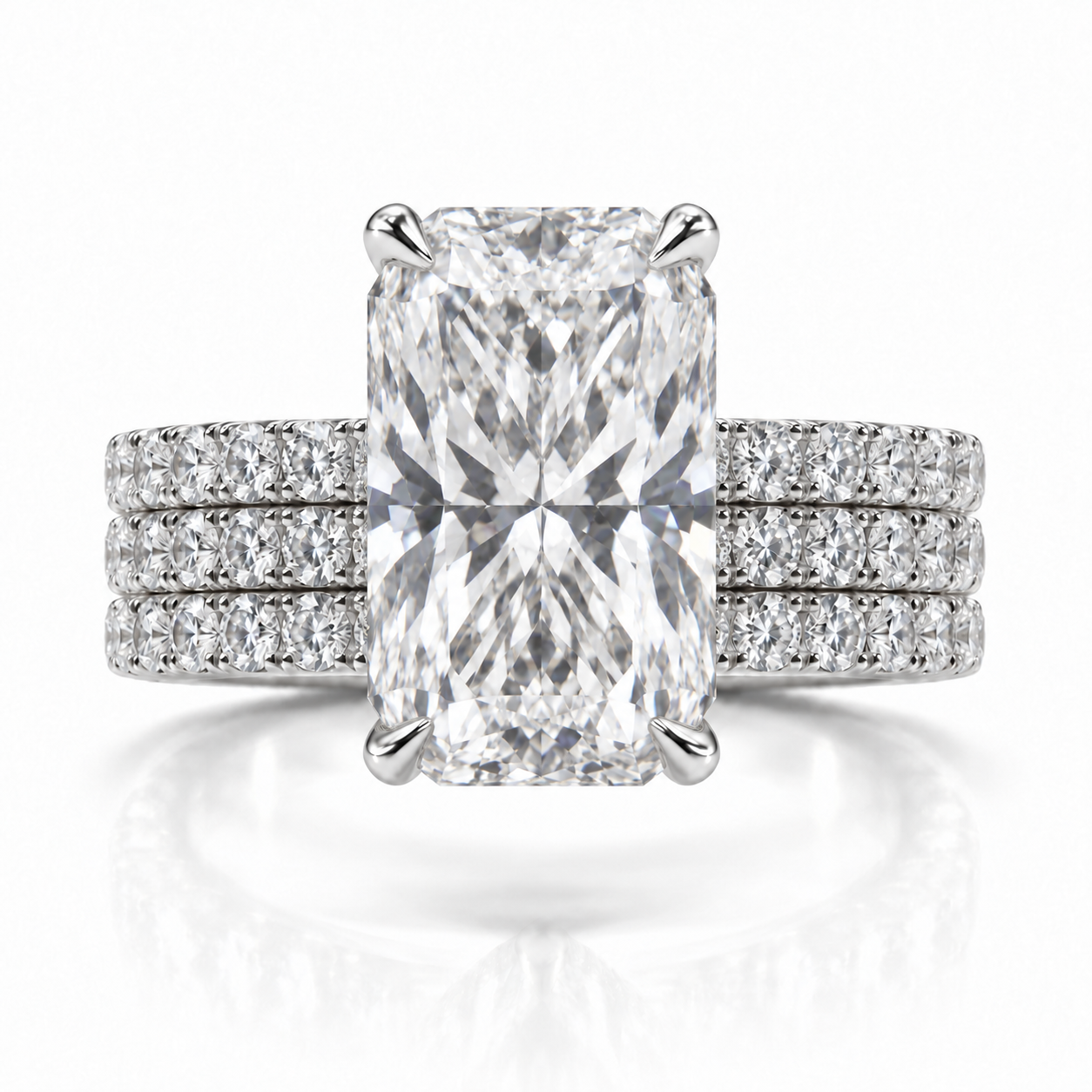 Juliana radiant diamond ring in Platinum, 6mm three-row French pavé band with hidden halo