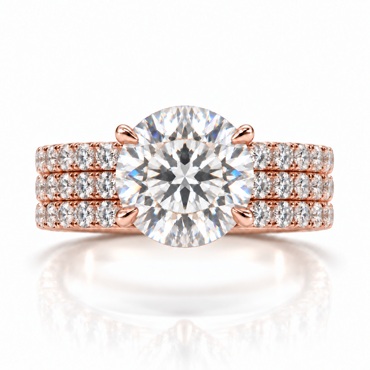 Juliana round diamond ring in 14K Rose Gold, 6mm three-row French pavé band with hidden halo, four-prong setting