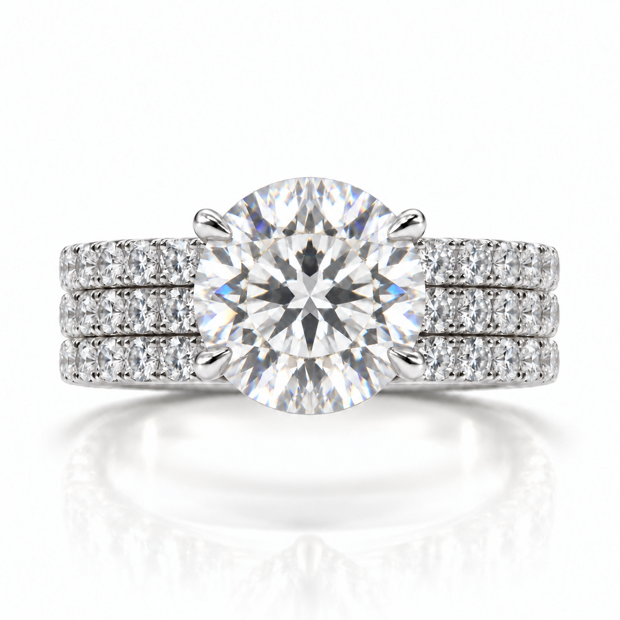 Juliana round diamond ring in 14K White Gold, 6mm three-row French pavé band with hidden halo, four-prong setting