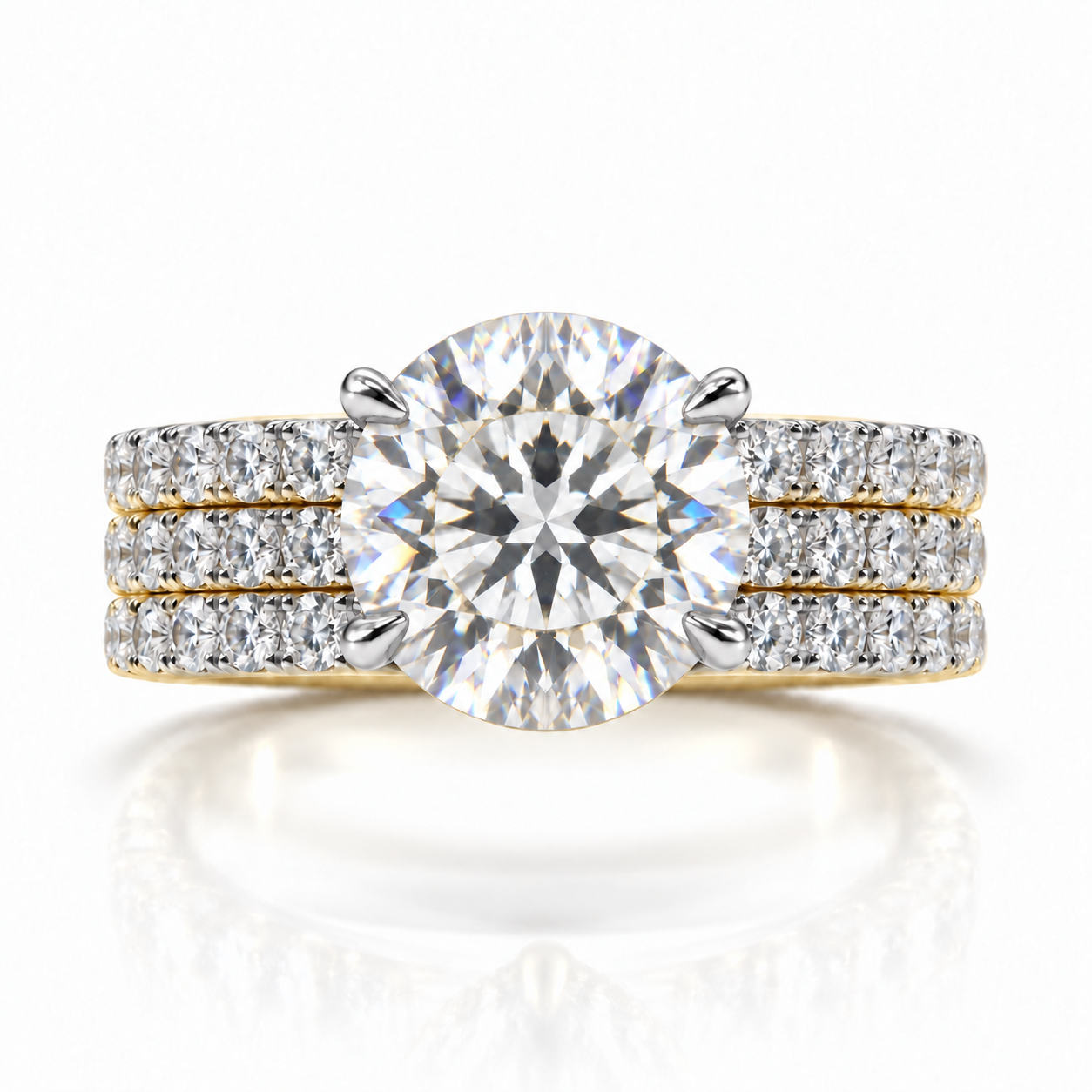Juliana round diamond ring in 14K Yellow and White Gold, 6mm three-row French pavé band with hidden halo, four-prong setting
