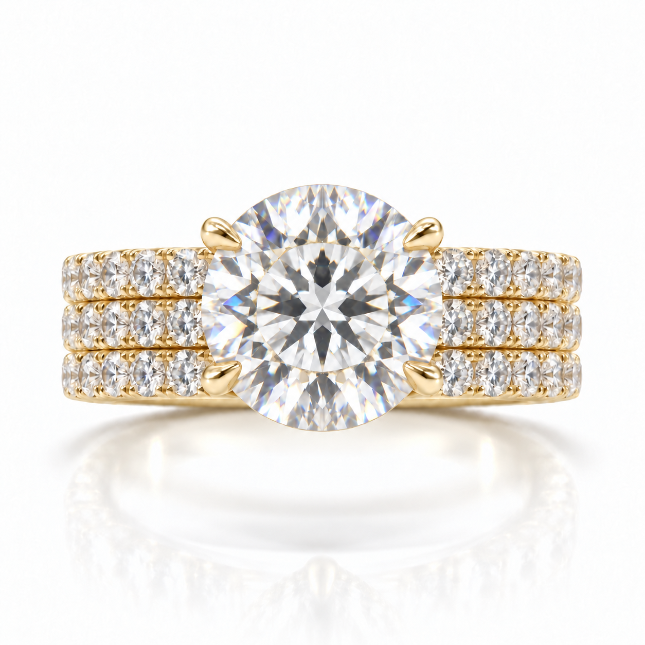 Juliana round diamond ring in 14K Yellow Gold, 6mm three-row French pavé band with hidden halo, four-prong setting