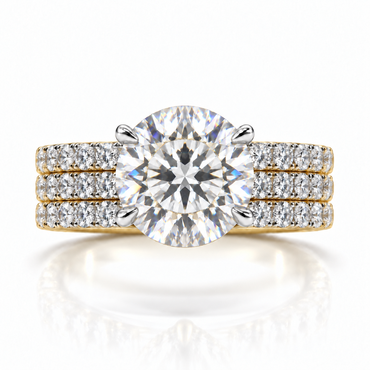 Juliana round diamond ring in 18K Yellow and White Gold, 6mm three-row French pavé band with hidden halo, four-prong setting