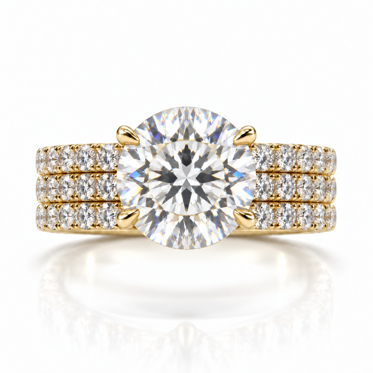 Juliana round lab-grown diamond ring in 18K yellow gold with three soldered French pavé rows and a 6 mm band