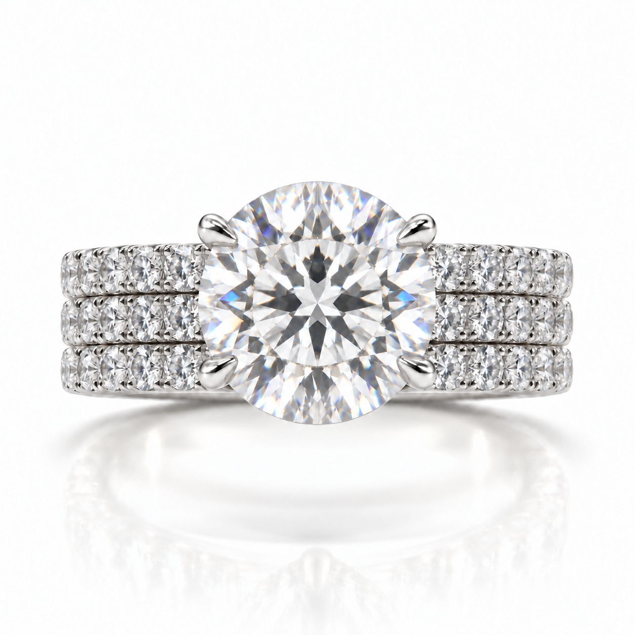 Juliana round diamond ring in Platinum, 6mm three-row French pavé band with hidden halo, four-prong setting