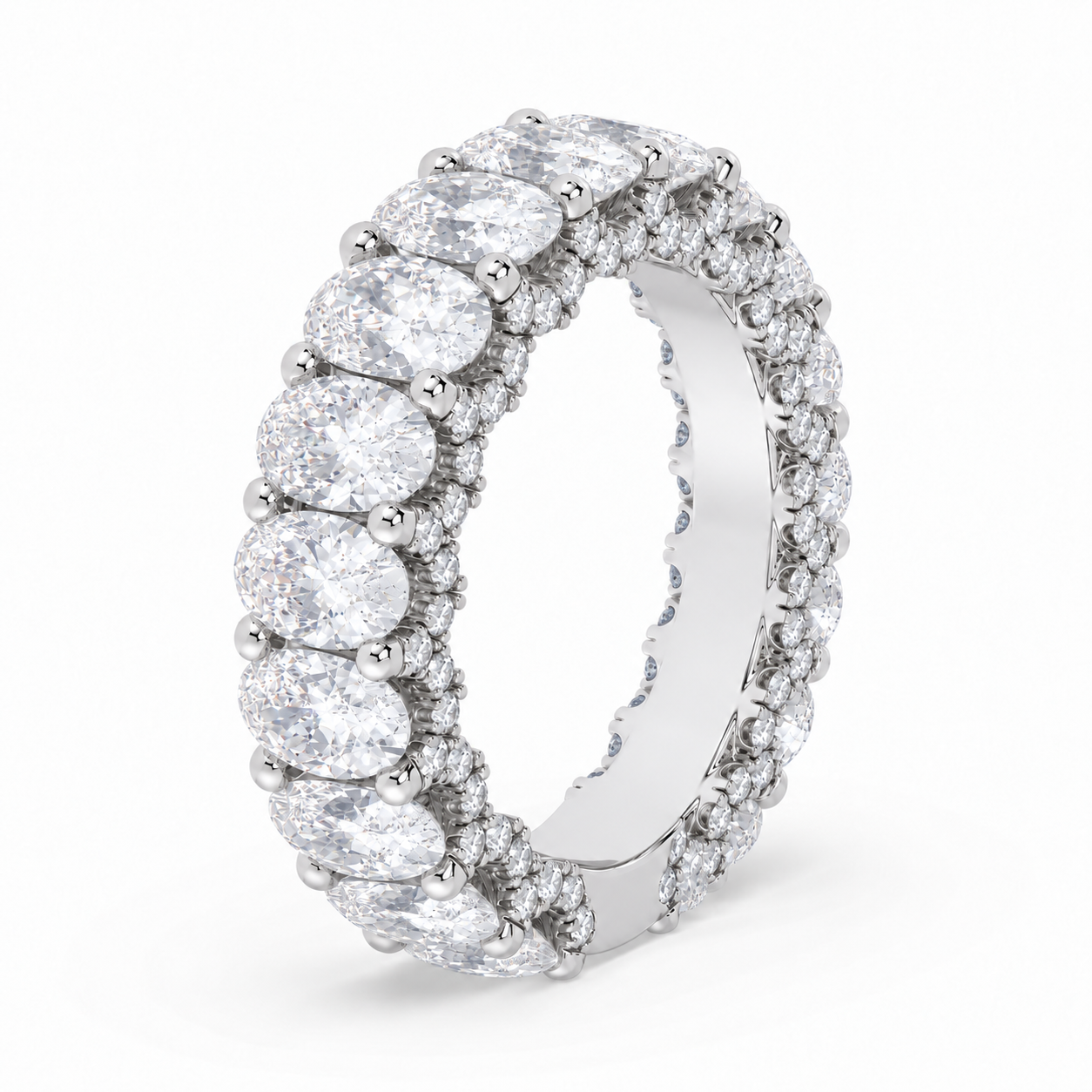 Olivia wedding band in platinum, 5 mm width, elongated oval diamond side-angle visualization