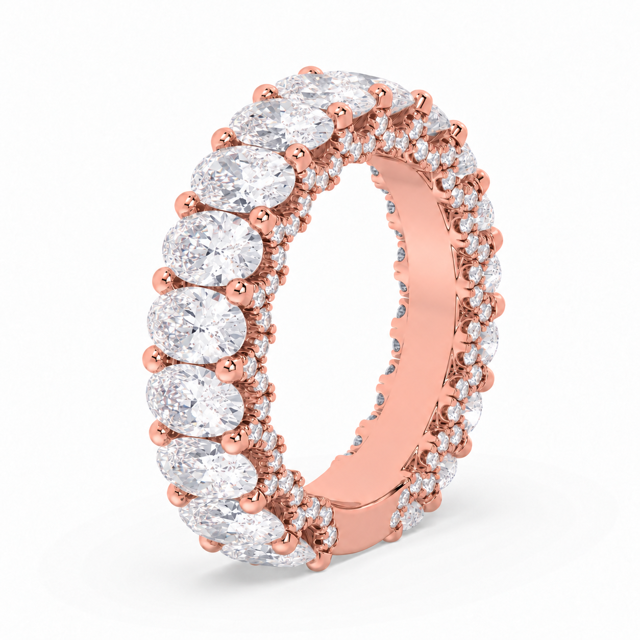 Olivia wedding band in rose gold, 5 mm width, elongated oval diamond side-angle visualization
