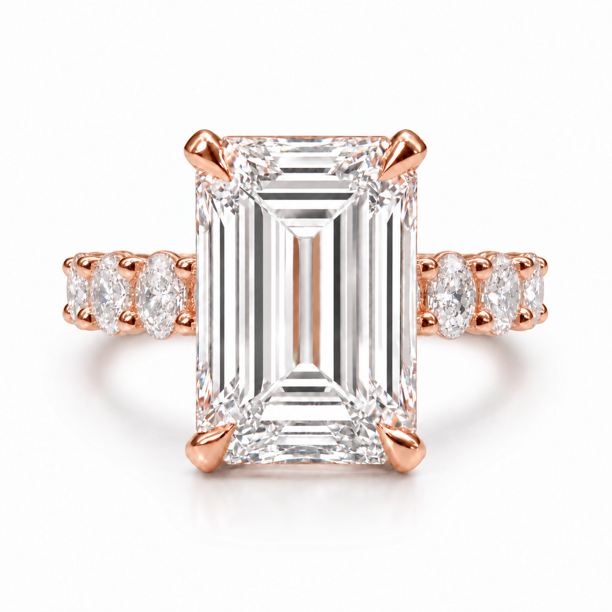 The 3MM Olivia engagement ring with an emerald lab-grown center diamond in rose gold