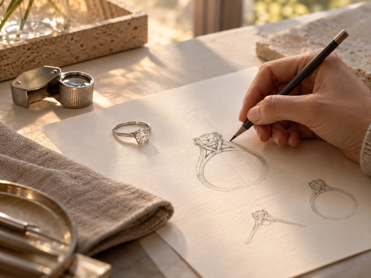A ring sketch and jeweler’s tools in warm natural light
